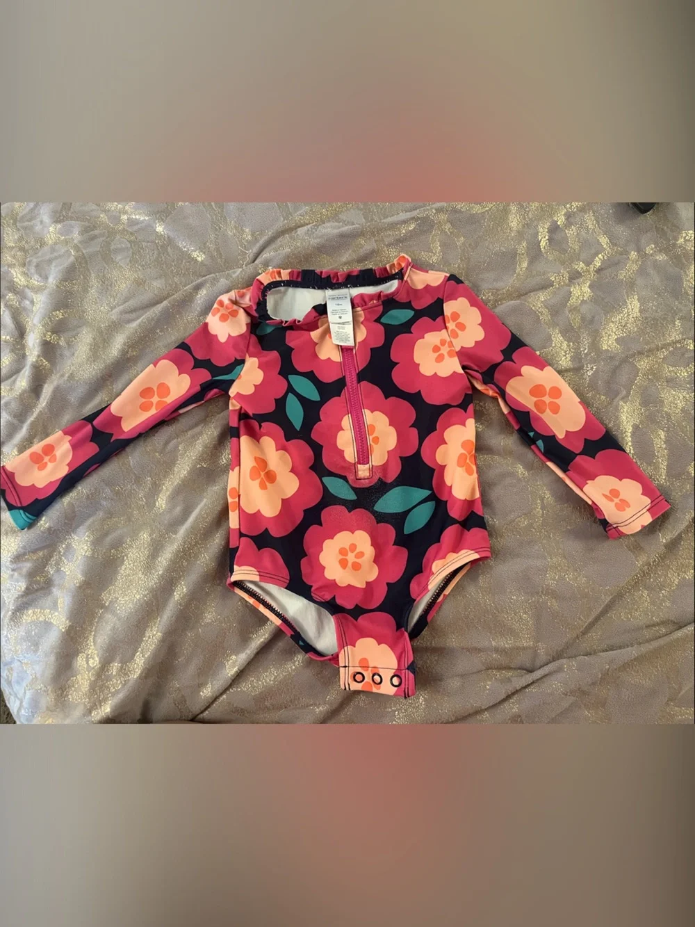 Carter's Navy Floral Zip-Front Long Sleeve One-Piece Swimsuit
